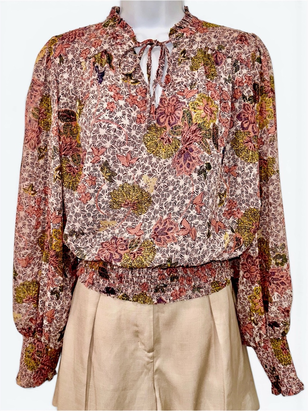 Joie Floral Smocked Hem Long-Sleeve Blouse - Pink/Green, Medium